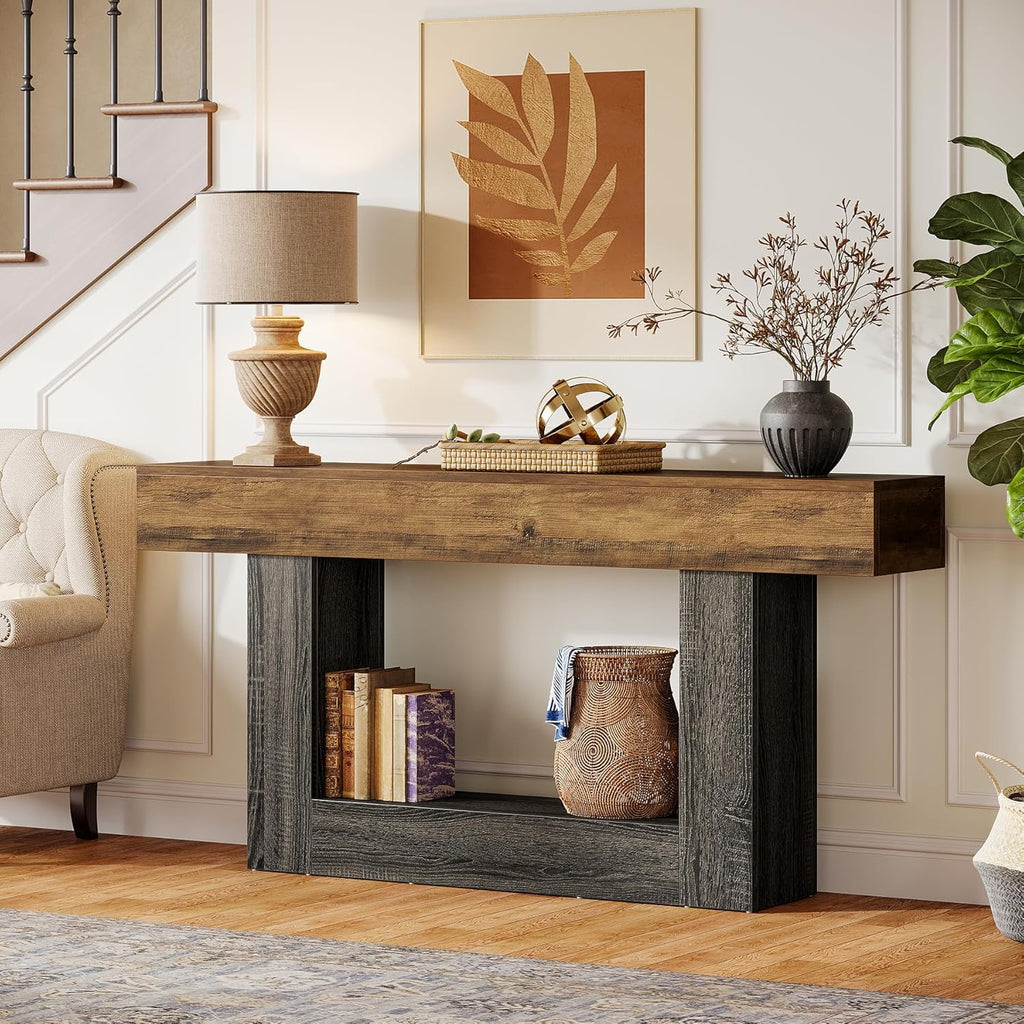 Tribesigns 63-Inch Long Console Table, 2-Tier Entryway Table Sofa Table with Storage, Farmhouse Wood Behind Couch Tables for Living Room, Hallway, Rustic Brown & Gray