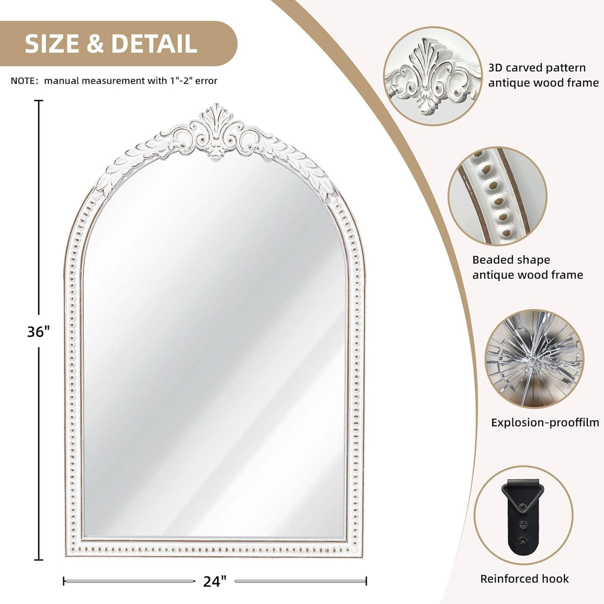36x24 Inch Vintage Arch Wall Mirror, Antique White Baroque Ornate Wooden Mirror, Farmhouse Decorative Beaded Mirror for Over Fireplace Mantel, Living Room, Entryway, Bathroom