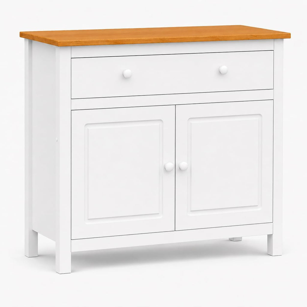 From the Tree Furniture 44" Wide White & Pine Top Solid Pine Shaker Sideboard Buffet Cabinet — 2 Doors, Adjustable Shelves & 1 Drawer — Anti-Tip Included — Two-Tone Farmhouse Finish for Dining Room