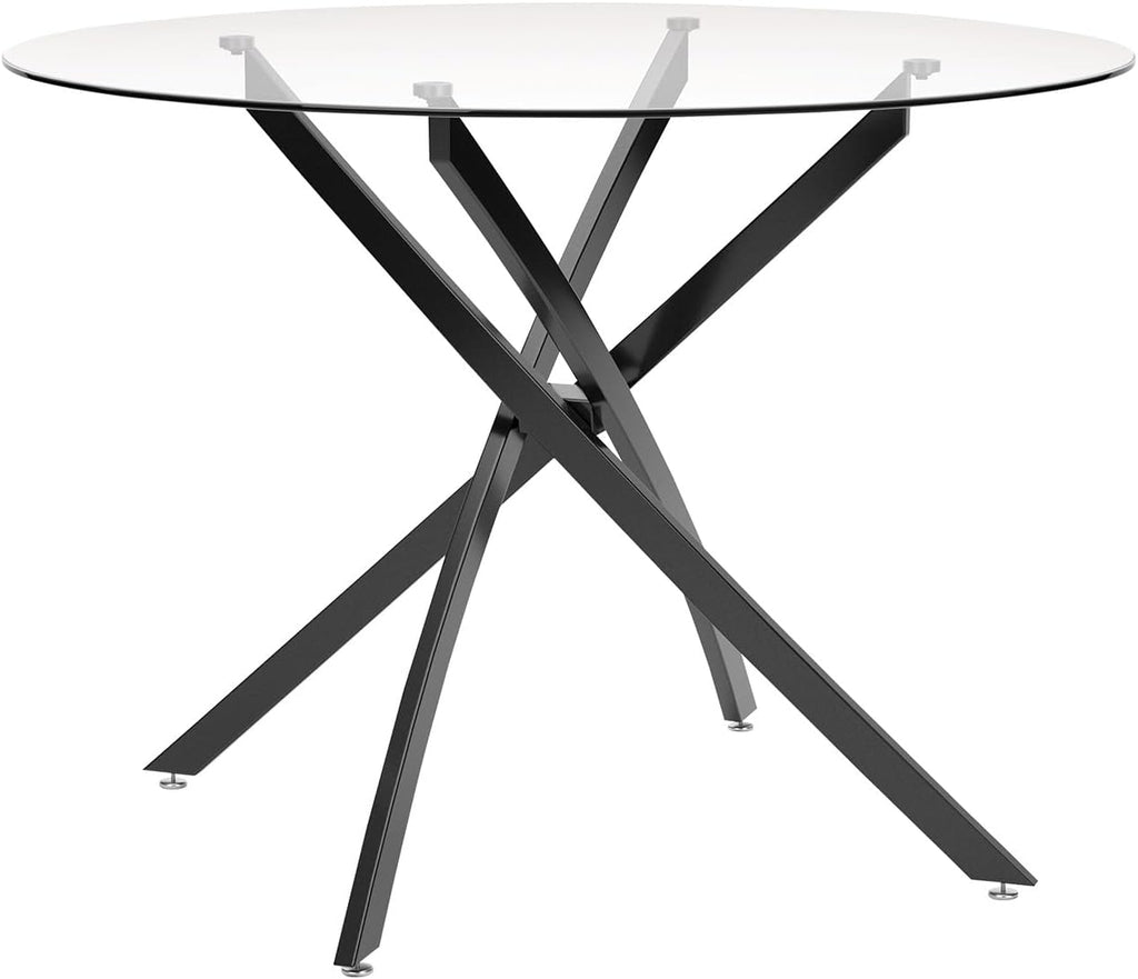 Signature Design by Ashley Pharwynn Modern Glass Tabletop Dining Table with Cross-Shaped Base, Black