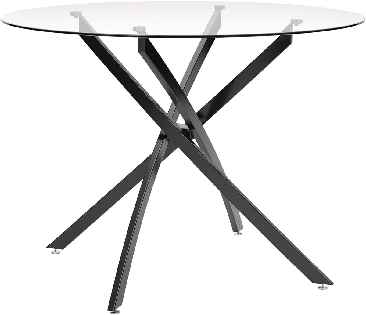 Signature Design by Ashley Pharwynn Modern Glass Tabletop Dining Table with Cross-Shaped Base, Black