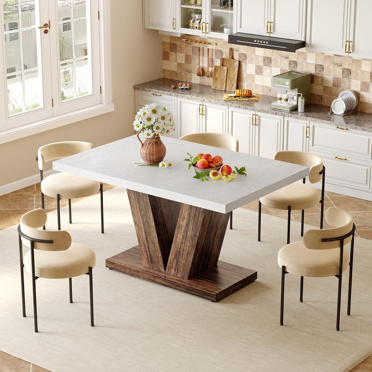 LITTLE TREE 47 Inches Dining Table for 4, Modern Dining Room Tables, White Rectangle Kitchen Table with Rustic Brown V-Shaped Pedestal, Wooden Dinner Table for Dining Room, Kitchen, Living Room