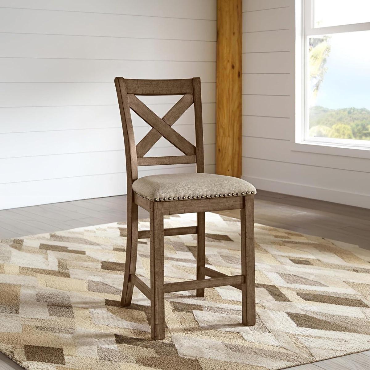 Signature Design by Ashley Moriville Rustic Farmhouse 24.5" Upholstered Barstool, 2 Count, Beige & Brown