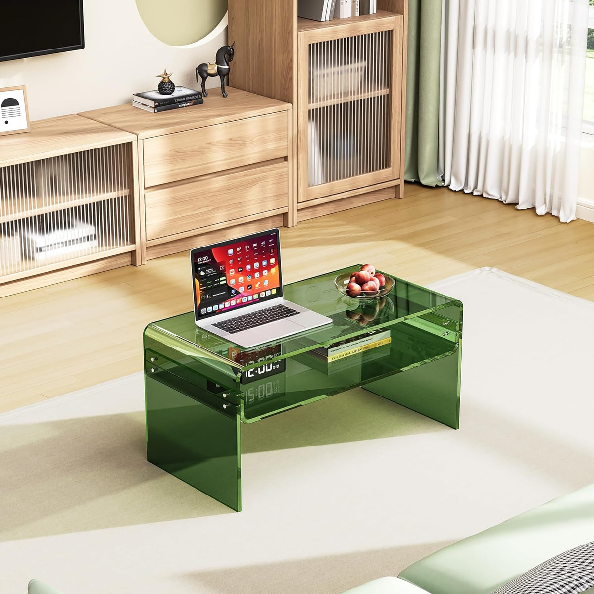 Acrylic Coffee Table for Living Room Clear Rectangle Lucite Table with Open Storage Shelf (1, Green, Nomal)