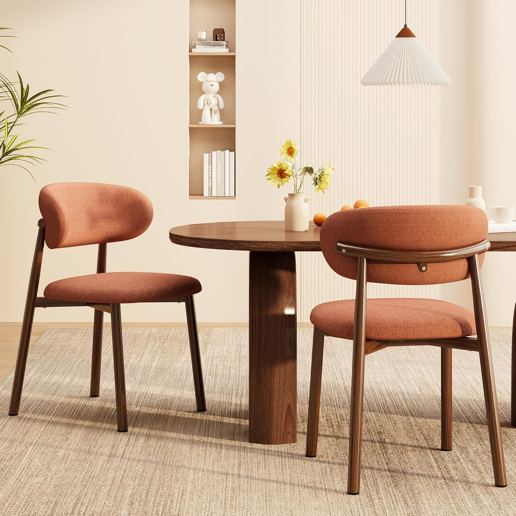 Kitchen Dining Chairs Set of 4 Modern Soft Linen Farmhouse Dining Room Chair with Metal Legs, Orange/Walnut