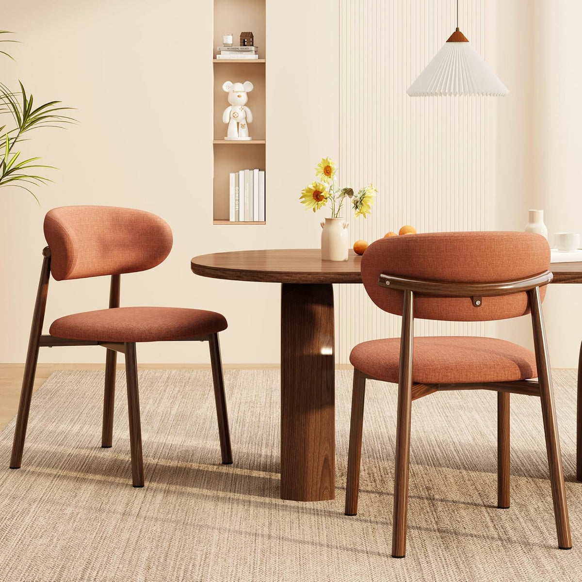 Kitchen Dining Chairs Set of 4 Modern Soft Linen Farmhouse Dining Room Chair with Metal Legs, Orange/Walnut