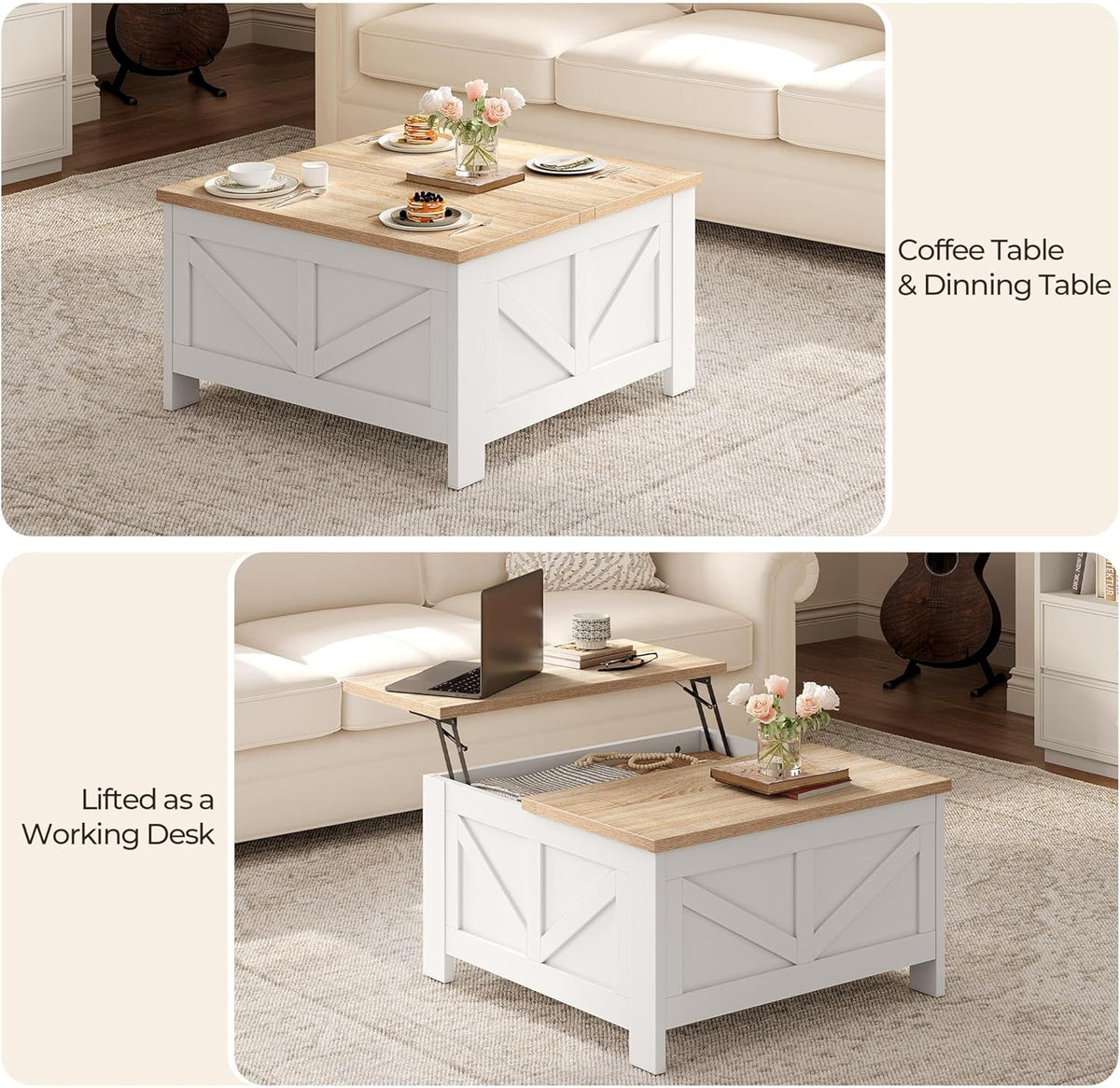Yaheetech Farmhouse Lift Top Coffee Table with Storage, Square Coffee Table for Living Room, 31.5 Inches Center Tables with Large Hidden Storage Compartment for Home Office, White & Light Oak