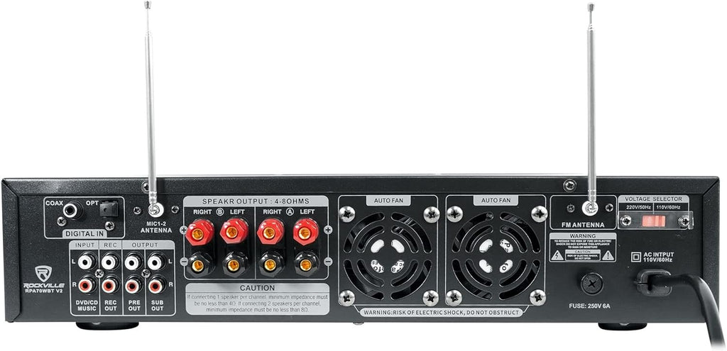Rockville RPA70WBT V2 1000W 2-Channel USB Bluetooth Karaoke Amplifier/Mixer with (2) Wireless Mics, Optical/Coaxial/RCA Inputs, Echo Control, for Home Karaoke & Parties