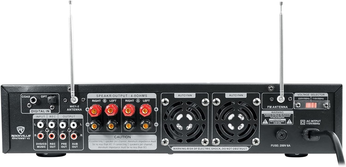 Rockville RPA70WBT V2 1000W 2-Channel USB Bluetooth Karaoke Amplifier/Mixer with (2) Wireless Mics, Optical/Coaxial/RCA Inputs, Echo Control, for Home Karaoke & Parties