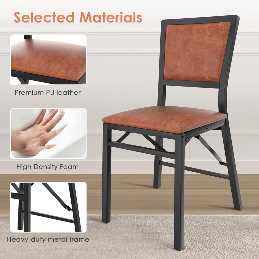 VECELO Folding Chairs Set of 4 with Cushion, Foldable Padded Seats with Heavy Duty Metal Frame for Kitchen/Dining/Living Room, No Assembly & Space Saving Design, Chestnut Brown