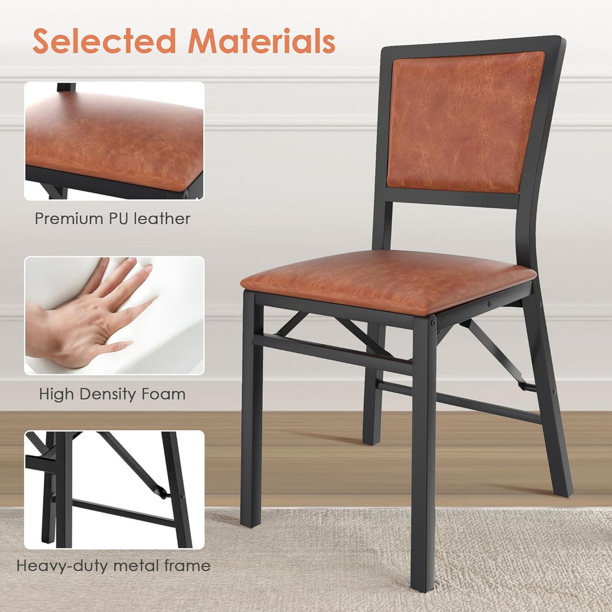 VECELO Folding Chairs Set of 4 with Cushion, Foldable Padded Seats with Heavy Duty Metal Frame for Kitchen/Dining/Living Room, No Assembly & Space Saving Design, Chestnut Brown