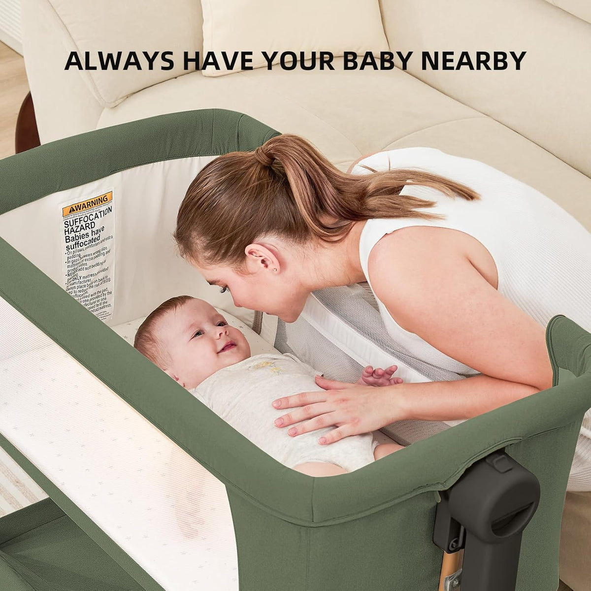 ANGELBLISS 3 in 1 Baby Bassinet, Rocking Bassinets Bedside Sleeper with Comfy Mattress and Wheels, 6 Height Adjustable Easy Folding Portable Bedside Crib for Newborn Infant (Green)