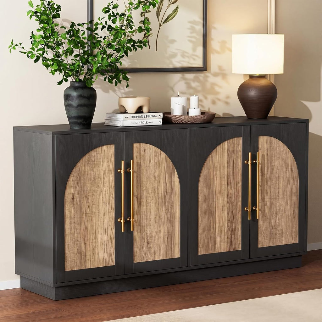 Scurrty 62" Antique Buffet Cabinet with Hutch, Vintage Sideboard Console for Dining Room & Kitchen, 2 Adjustable Shelves, Arched Doors & Metal Handles (Black)