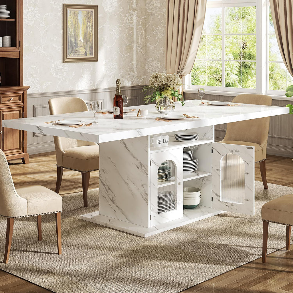 HSH Dining Table for 4–6, 63" Modern Kitchen Dining Room Table with Storage Shelves & Acrylic Door Cabinet,Wood Rectangle Dinner Table with Faux Marble Top for Home Apartment, White Faux Marble