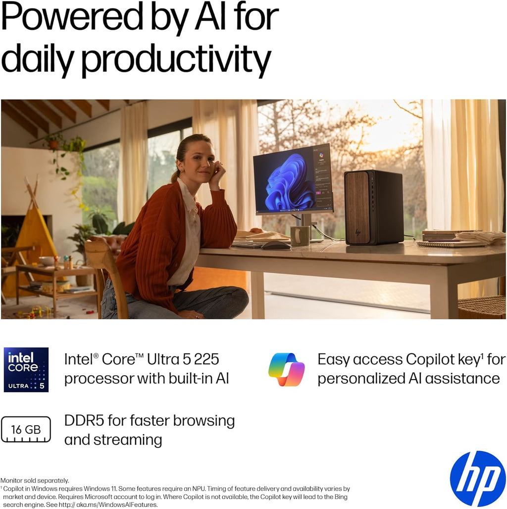 HP OmniDesk Desktop PC, Intel Core Ultra 5 225, 16 GB RAM, 512 GB SSD, Intel Graphics, Windows 11 Home, Microsoft Copilot, Dark Wood, M03-0010 (2025)