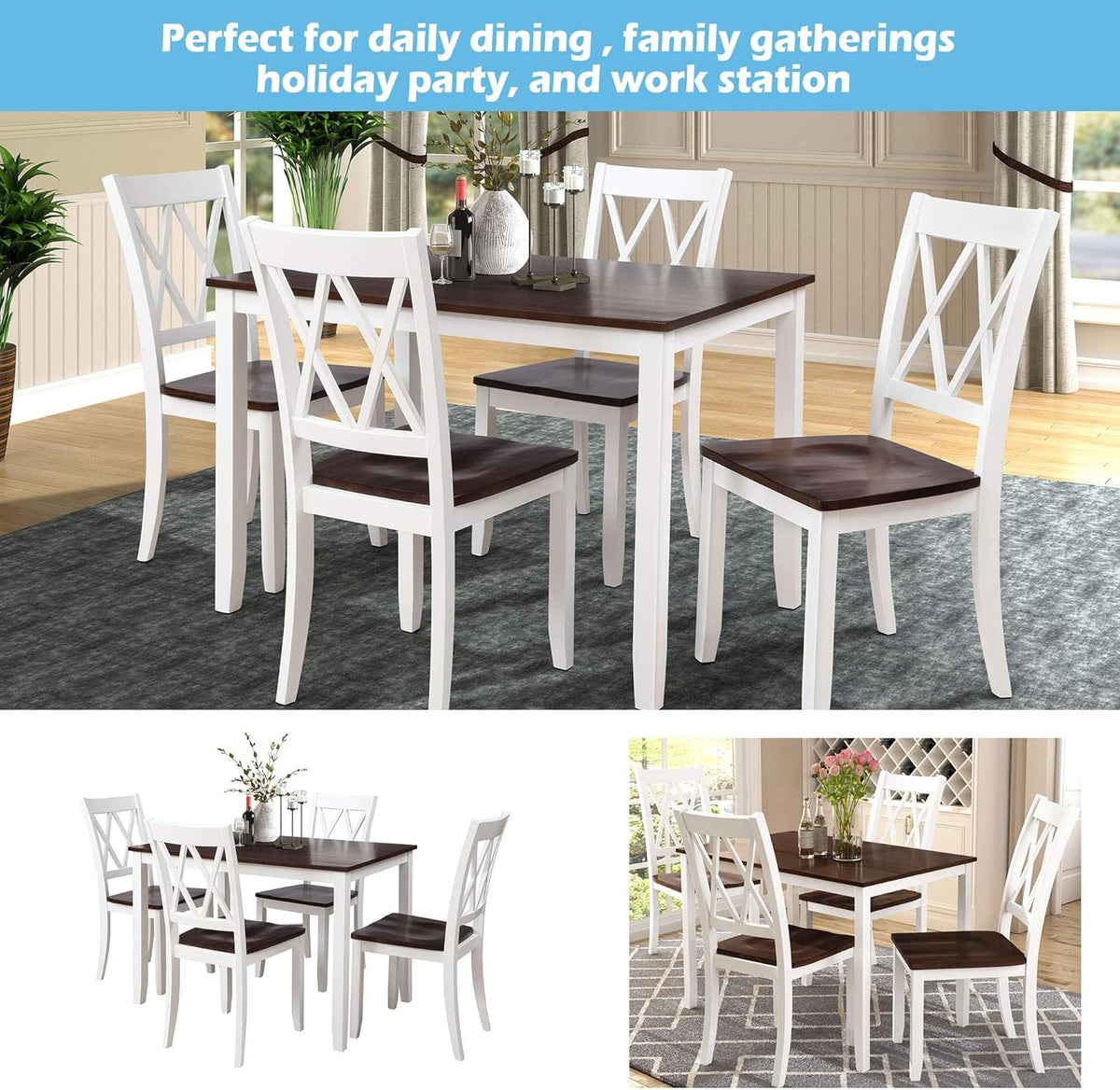 Harper & Bright Designs 5-Piece Wood Dining Table Set for 4, Kitchen Furniture Set with 4 High Back Dining Chairs for Small Places,White+Cherry