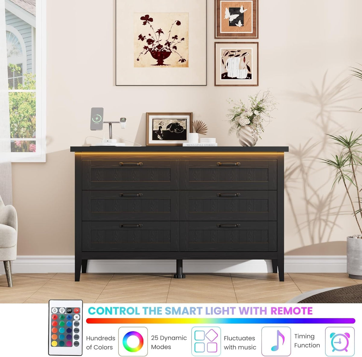 IDEALHOUSE 6 Drawer Dresser with Power Outlet, Black Dresser with LED Light, Modern Chest of Drawers for Closet, Double Wide Drawer Organizer Cabinet for Bedroom, Living Room