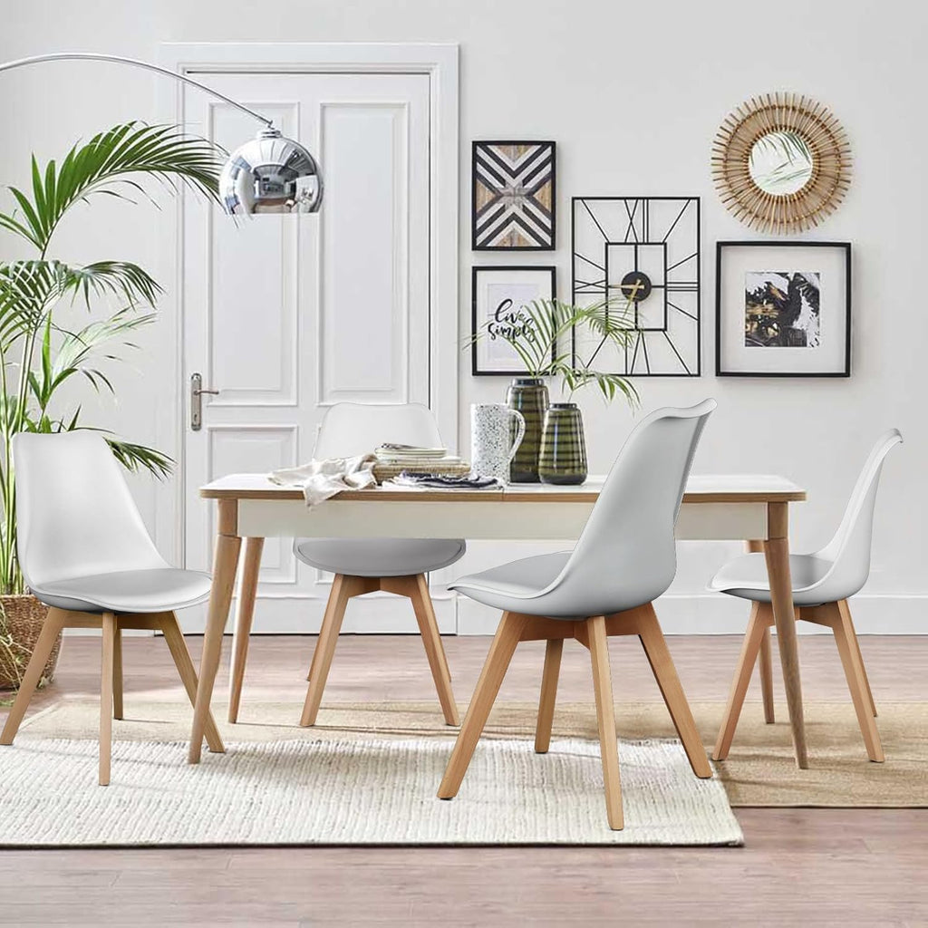OLIXIS Dining Chairs Set of 8 Kitchen Mid Century Modern Chairs with Wood Legs and PU Leather Cushion for Living Room Bedroom Outdoor Lounge, White