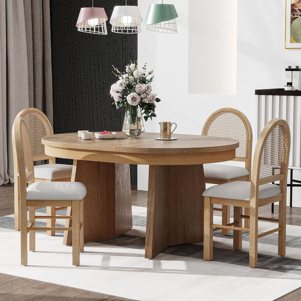 Harper & Bright Designs Farmhouse Wood Round Dining Table Set for 4, 5-Piece Extendable Kitchen Table with 4 Upholstered Chairs with Rattan Backrests for Dining Room and Kitchen (Natural Wood Wash)