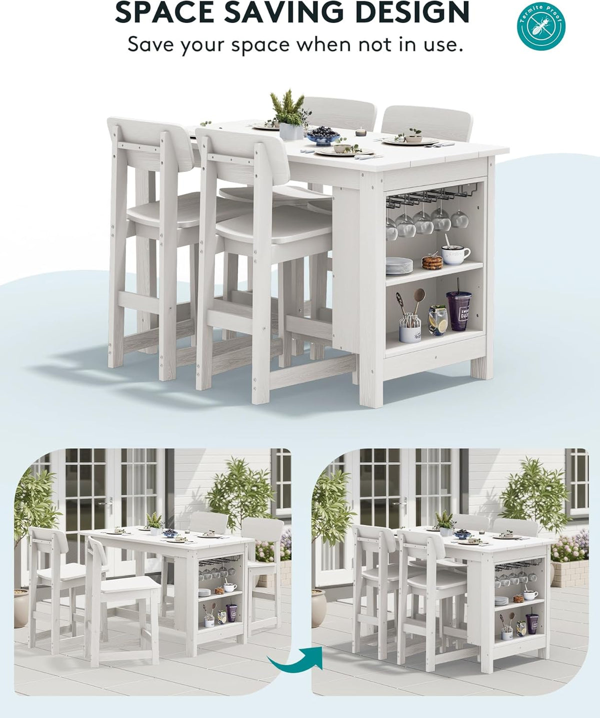 SERWALL 8-Piece HDPE Counter Height Dining Table Sets with Storage and Wine Rack, 2 Rectangular Bar Table with Bar Stools Set of 6 for Garden, Backyard, Kitchen, White