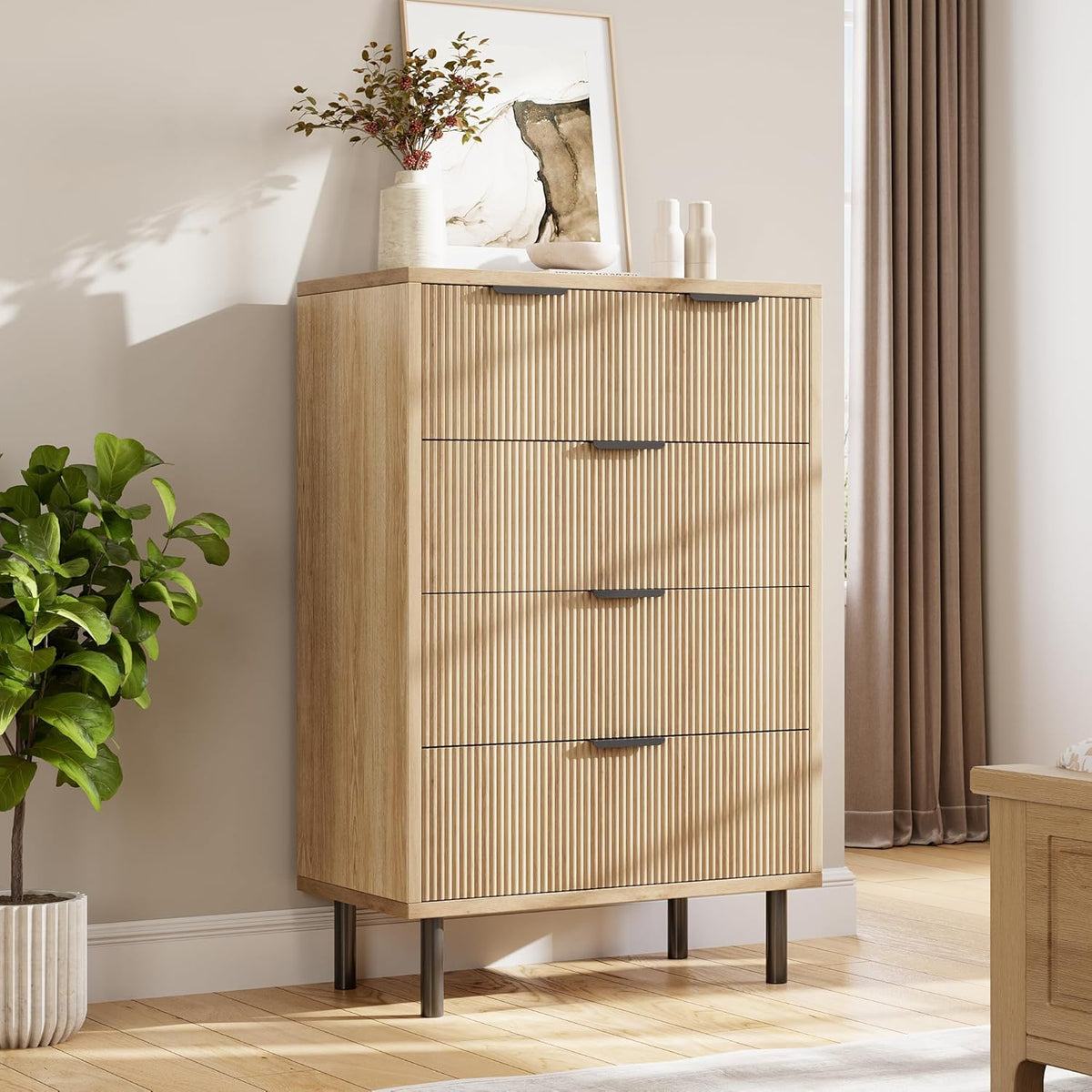 GarveeHome Oak Fluted 5 Drawer Dresser for Bedroom, Modern Wood Chest of Drawers with Wide Drawers, Closet Dresser Organizer with Anti-Tipping Device and Metal Legs for Hallway Entryway