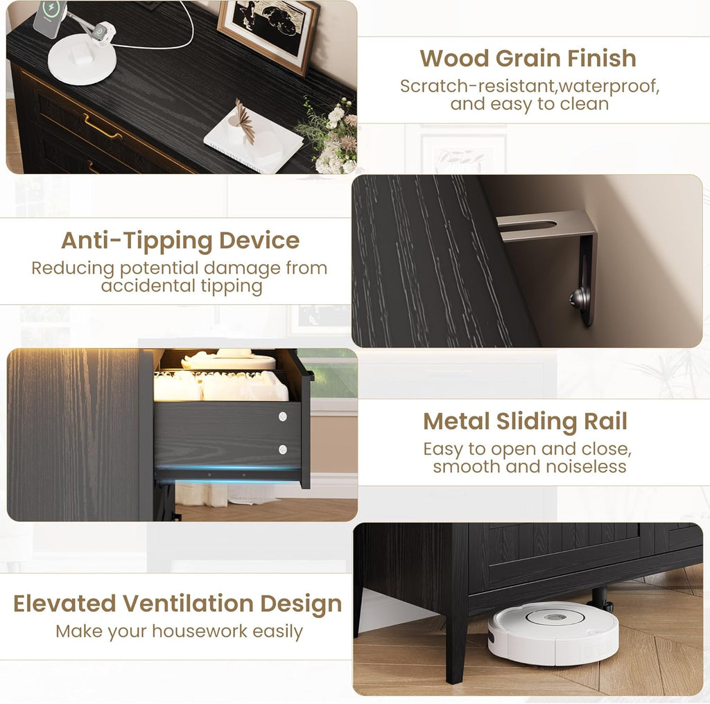 IDEALHOUSE 6 Drawer Dresser with Power Outlet, Black Dresser with LED Light, Modern Chest of Drawers for Closet, Double Wide Drawer Organizer Cabinet for Bedroom, Living Room