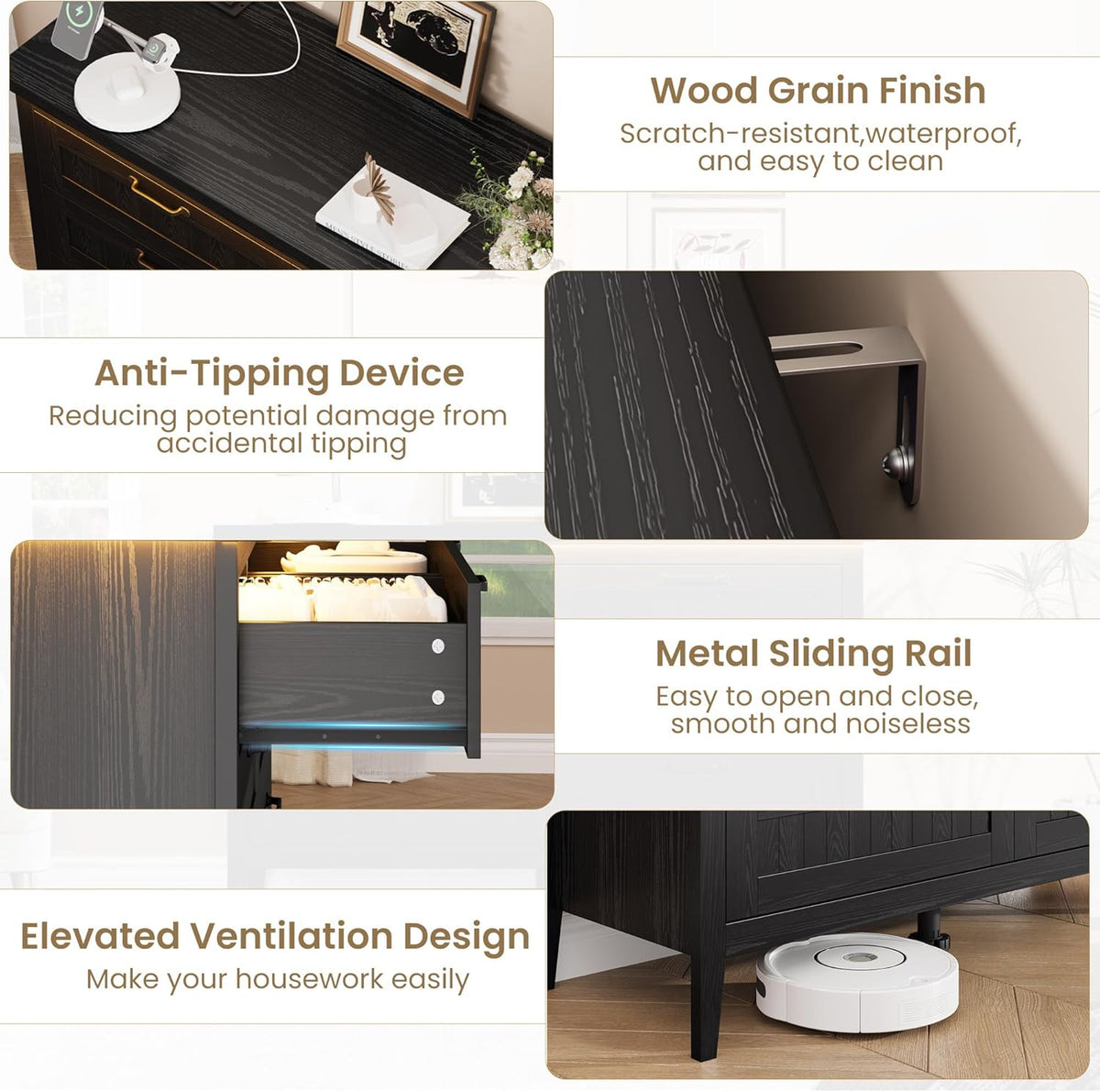 IDEALHOUSE 6 Drawer Dresser with Power Outlet, Black Dresser with LED Light, Modern Chest of Drawers for Closet, Double Wide Drawer Organizer Cabinet for Bedroom, Living Room