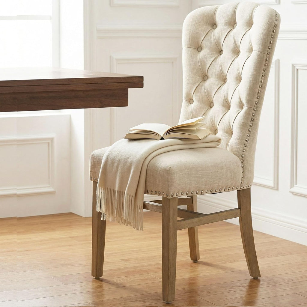 Tufted High Back Dining Chairs Set of 6, Linen Upholstered Farmhouse Kitchen Chairs, French Country Armless Wooden Side Chairs with Nailhead Trim for Dining/Kitchen/Living Room, Beige