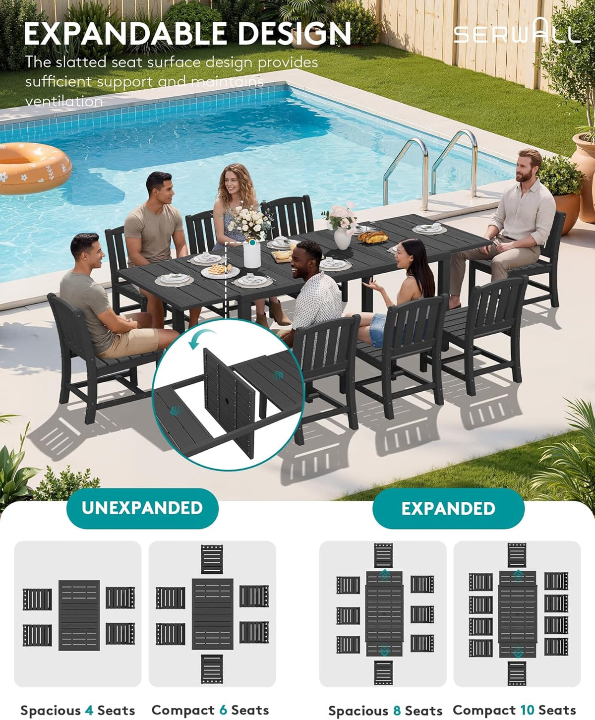 SERWALL Outdoor Expandable Dining Table 60" - 83", Patio Dining Table for 4-10 People, All Weather HDPE and Aluminum Outdoor Furniture, Black