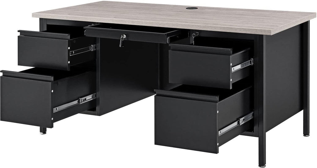 Global Industrial 60" W x 30" D x 30-1/2"H Steel Teacher's Desk, Gray Top with Black Frame, Double Pedestal Desk with Center Drawer, 4 Locking Box/Box Drawers