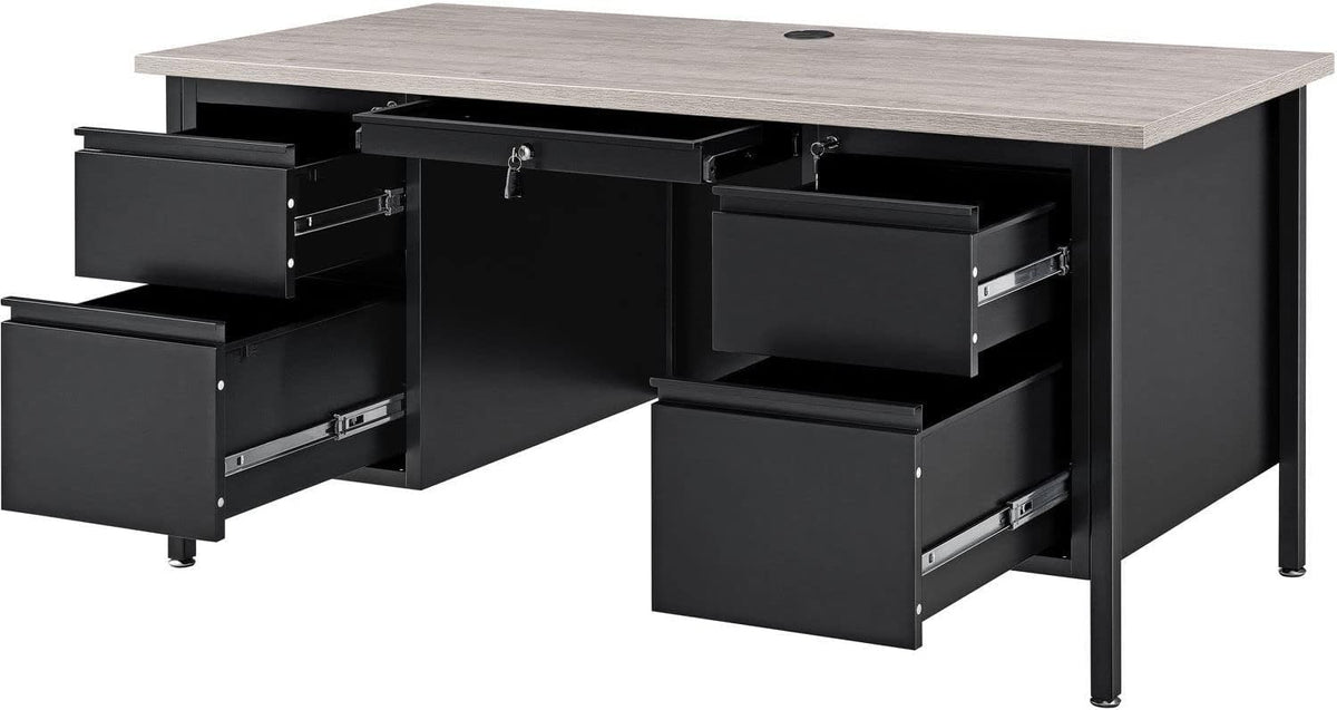 Global Industrial 60" W x 30" D x 30-1/2"H Steel Teacher's Desk, Gray Top with Black Frame, Double Pedestal Desk with Center Drawer, 4 Locking Box/Box Drawers