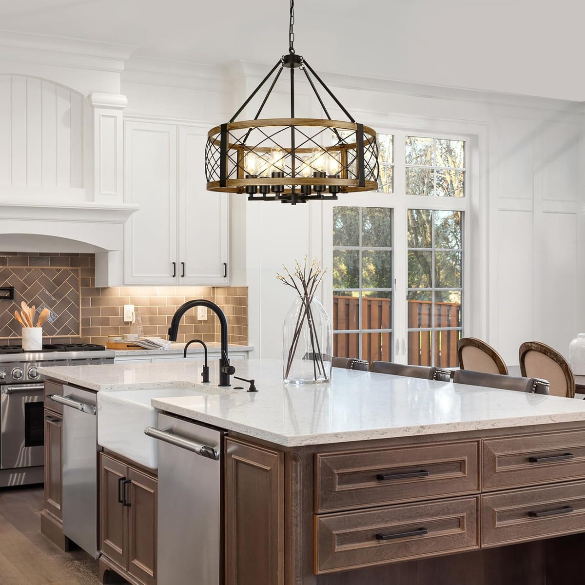Modern Chandelier for Dining Room, 6-Light Wood Grain Finish Farmhouse Chandelier, 22.5” Rustic Drum Hanging Light Kitchen Island, Round Metal Hanging Light Fixture for Foyer, Entryway, Bedroom