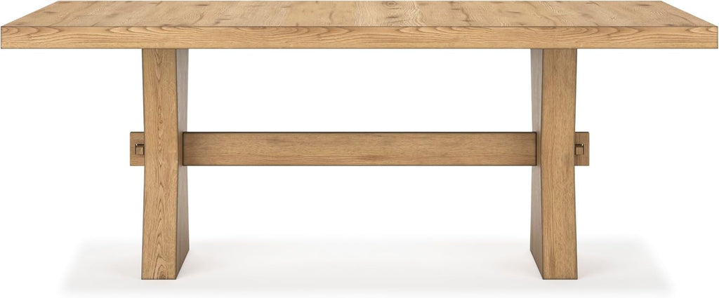 Signature Design by Ashley Galliden Farmhouse Dining Table with Extra-Thick Tabletop and Trestle Base, Light Brown
