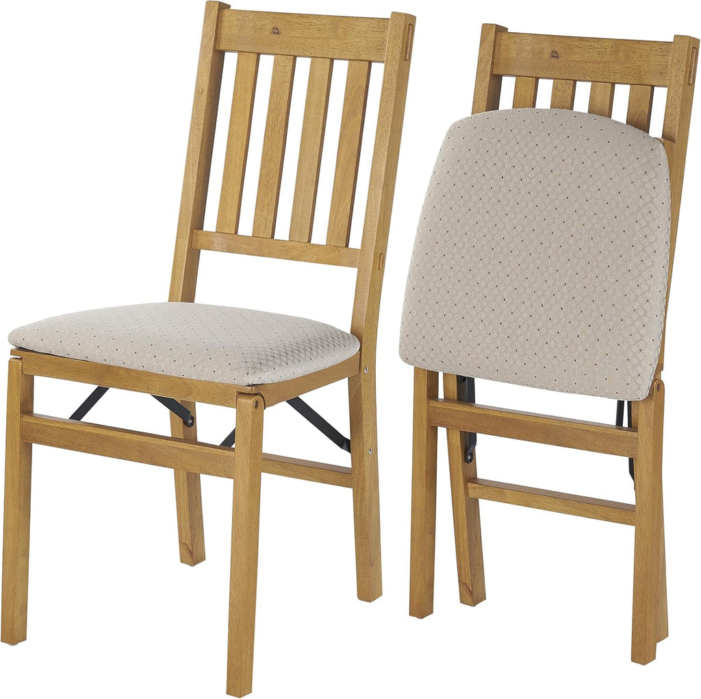 MECO Stakmore Arts and Craft Wooden Folding Chairs with Padded Seats, Set of 2 - No Assembly Foldable Dining Chairs, Steel Folding Mechanism, Upholstered Cushion, Space-Saving, Oak Frame