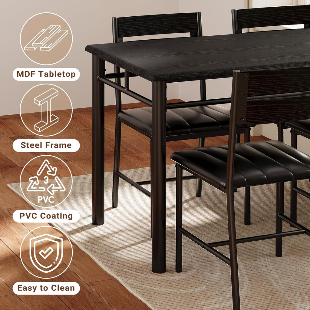 IRONCK Dining Table Set for 4, Wood Kitchen Table with Upholstered Chairs for Kitchen & Dining Room, Compact Dining Set for Small Spaces, Black