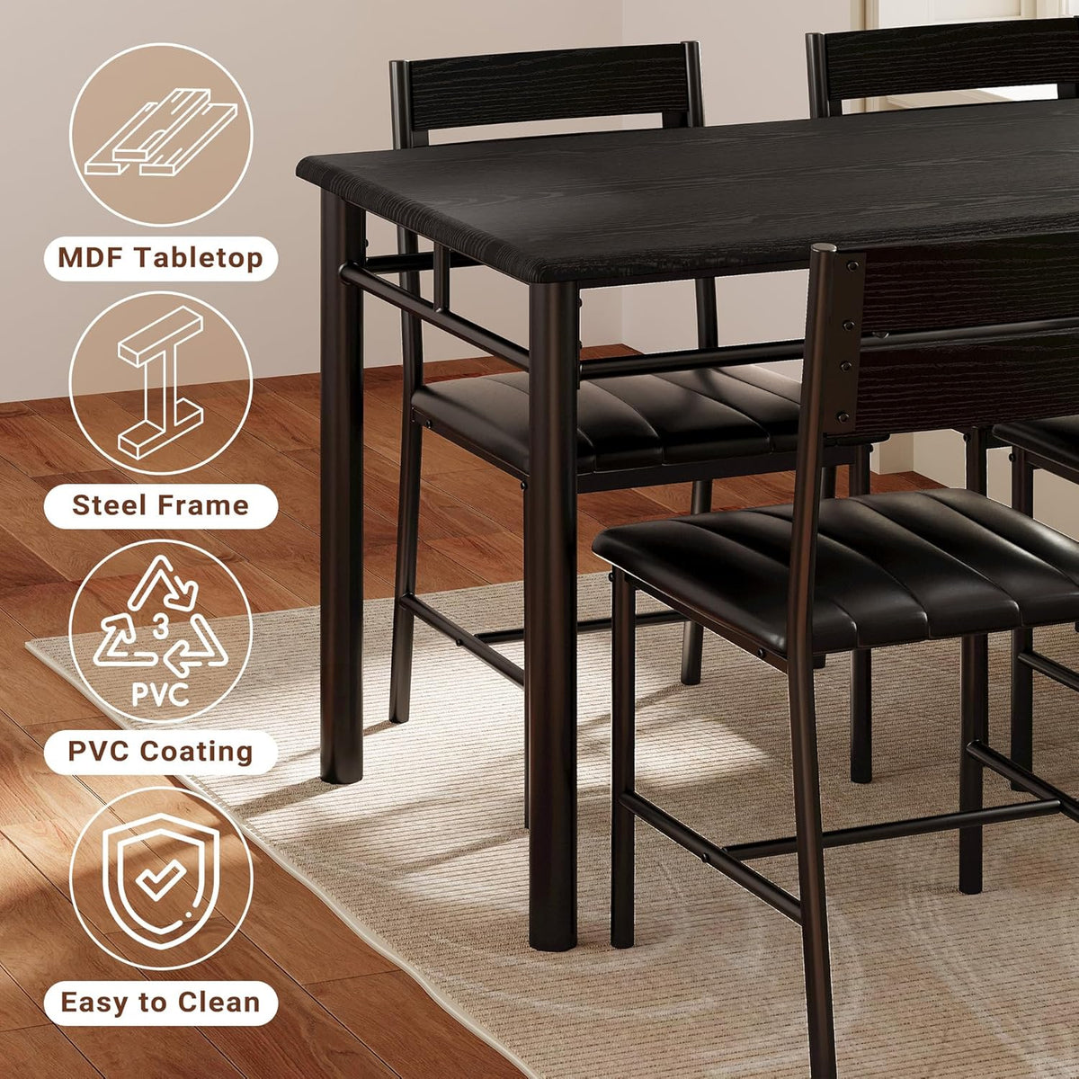 IRONCK Dining Table Set for 4, Wood Kitchen Table with Upholstered Chairs for Kitchen & Dining Room, Compact Dining Set for Small Spaces, Black