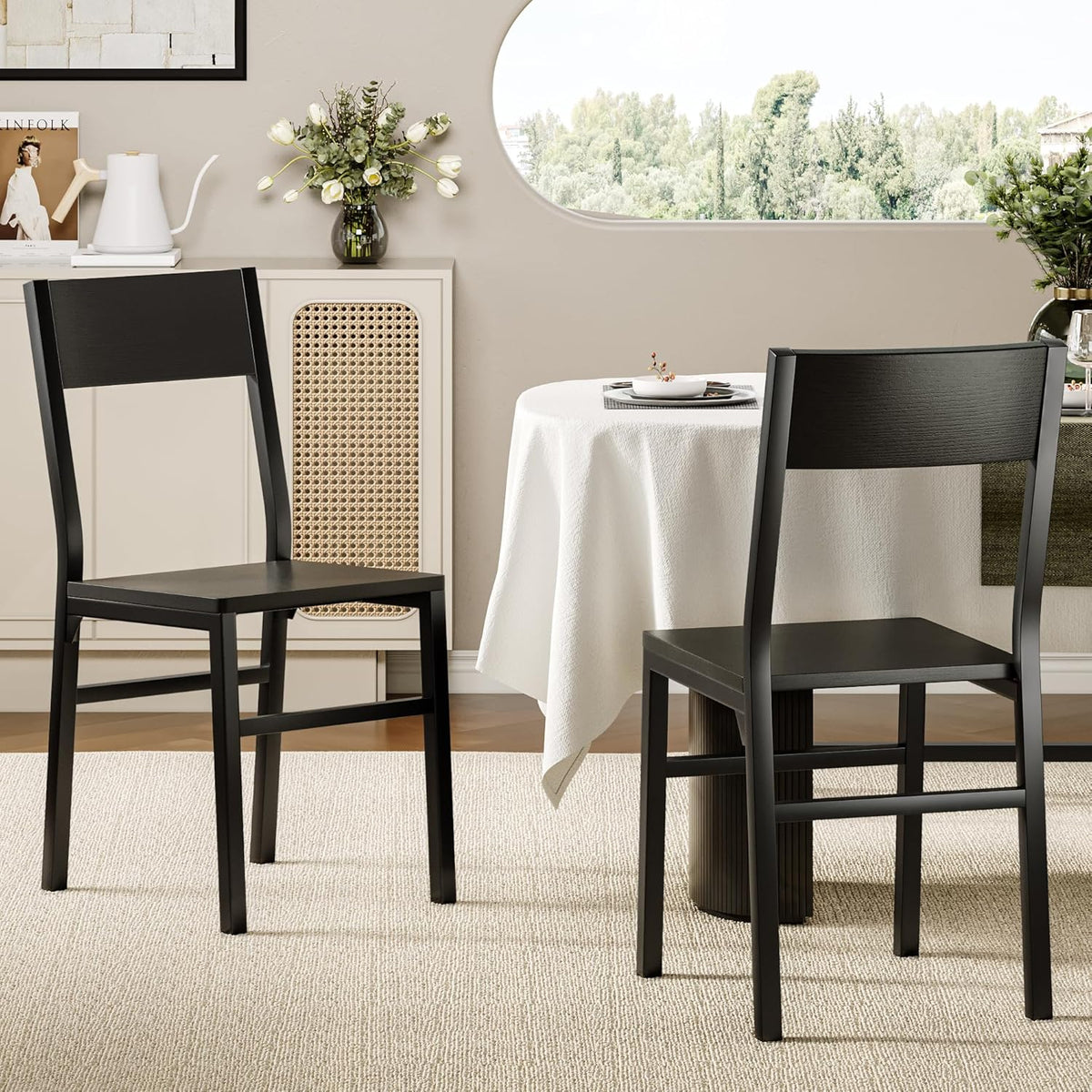 Feonase Dining Chairs and Benches Set of 4, Modern Dining Room Chairs with Ergonomic Backrest, Wood Structure & Metal Legs, for Kitchen, Dining Room, Space-Saving, Easy to Assemble & Clean, Black