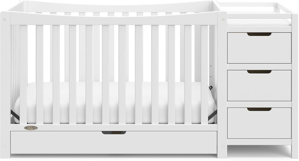Graco Remi 4-in-1 Convertible Crib & Changer – GREENGUARD Gold Certified, Fits Standard Crib Mattress, Converts to Toddler Bed and Full Bed, 4 Adjustable Mattress Heights (White)