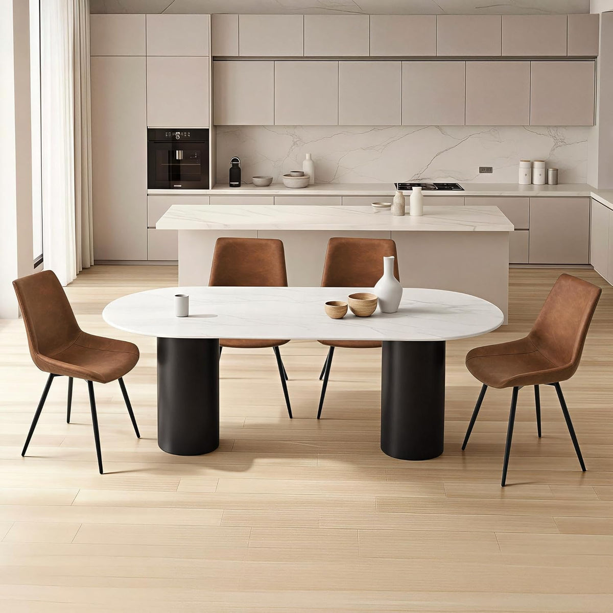 Yaheetech Dining Room Chairs Set of 4 Mid Century Modern Kitchen Chairs with Upholstered Faux Leather and Metal Legs for Dining Room, Living Room, Brown