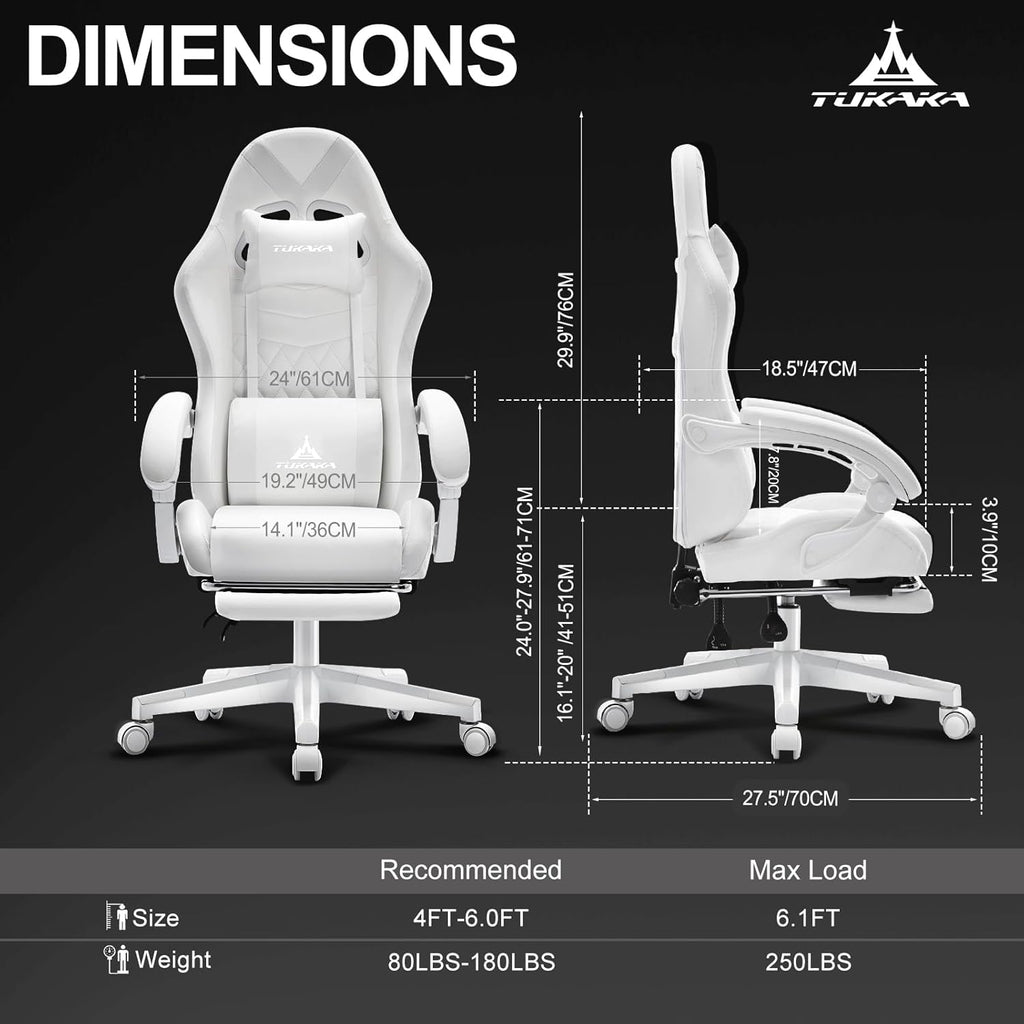 White Gaming Chair,Ergonomic Massage Computer Office Desk Chair with Footrest,Pocket Spring Cushion,Reclining Leather Adjustable Gamer Chair with Headrest and Lumbar Support,White
