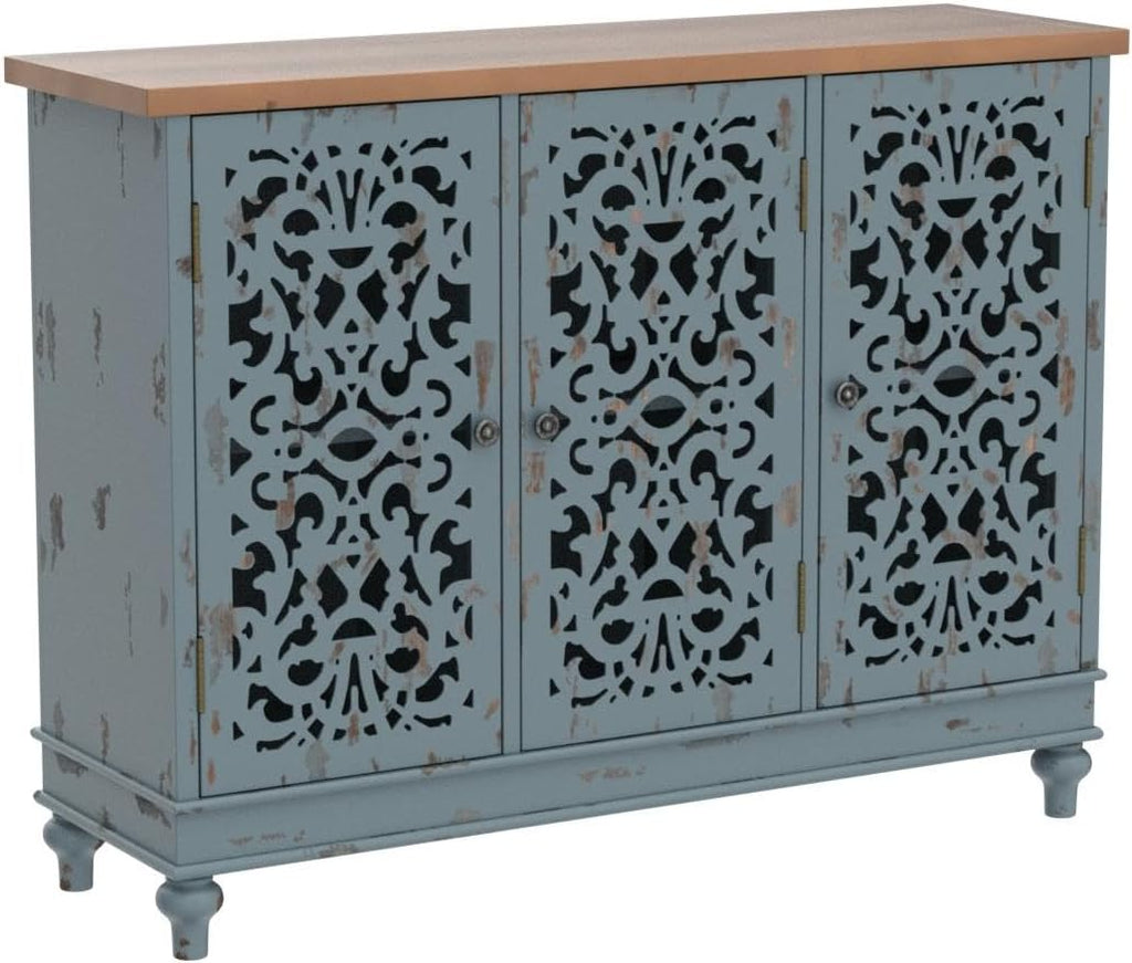 Sophia & William Sideboard Buffet Credenza Cabinet, 3-Door Hollow-Carved Accent Cabinet, Distressed Sideboard Storage Cabinet with Wood Veneer for Kitchen, Living Room, Dining Room, Entryway, Blue | 3-Door