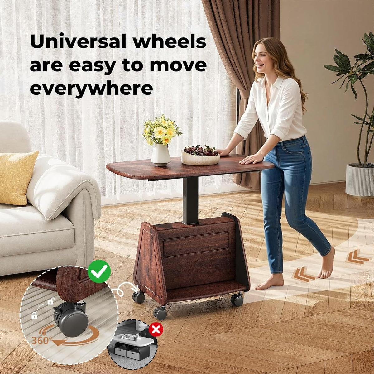 Lift Top Coffee Table with Wheels, 35" × 20" Wooden Dining Center Table with Storage, Hidden Compartment & Pegboard, Small Mid Century Modern Table for Living Room, Dark Wood