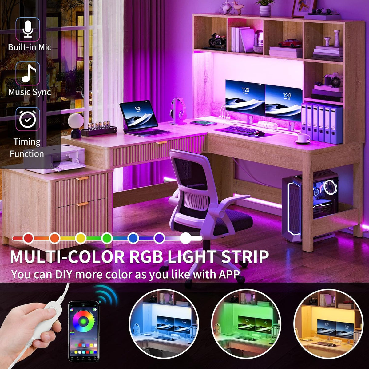 YITAHOME L Shaped Desk with Hutch and Drawers, 67" Computer Desk Gaming Desk with Power Outlets & LED Lights, Wood Home Office Desk with Printer Stand, Fluted Sturdy Writing Workstation, Natural Oak