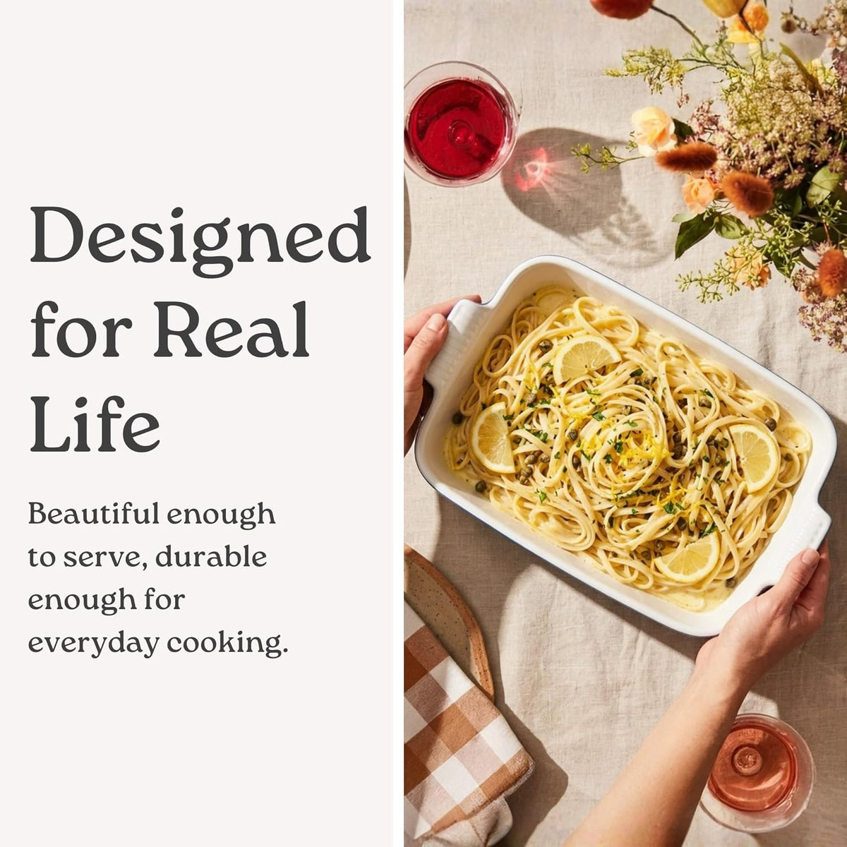 ROSSALLINI Stoneware Casserole Dish Bakeware Set of 3 | Rectangular Dinnerware Set with Handles Passion Red