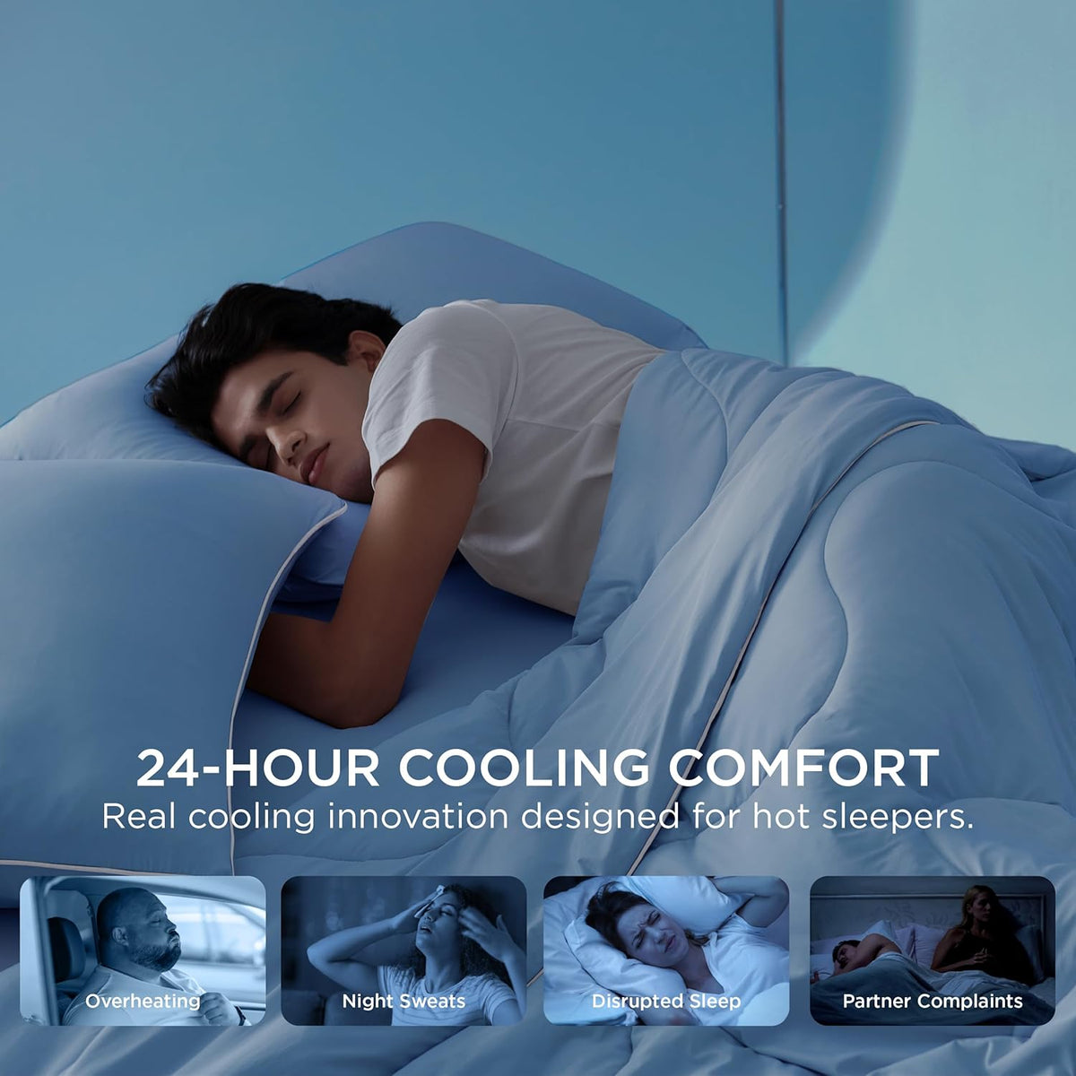 Bedsure Cooling Comforters King Size Set 4 Pieces, Blue Cooling Blanket for Hot Sleepers, Double-Sided Cool Tech King Bedding Set with Breathable Lightweight Comforter, Sheet & Pillowcases
