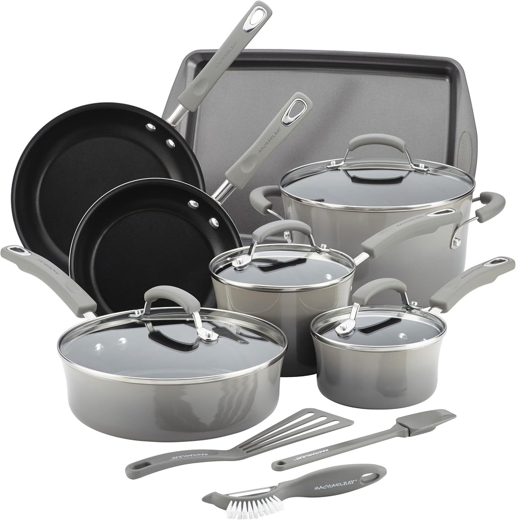 Rachael Ray Brights Nonstick Cookware Pots and Pans Set, 14 Piece, Sea Salt Gray