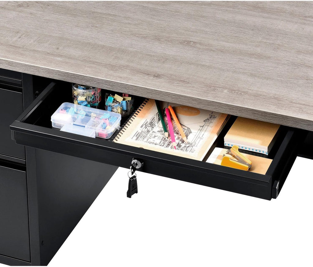 Global Industrial 60" W x 30" D x 30-1/2"H Steel Teacher's Desk, Gray Top with Black Frame, Double Pedestal Desk with Center Drawer, 4 Locking Box/Box Drawers