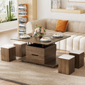 homary Lift-Top Coffee Table with Hidden Storage, 3-in-1 Modern Folding Center Table with 4 Stools, Casters, and Lockable Wheels – Convertible Dining & Office Table for Living Room (Walnut)