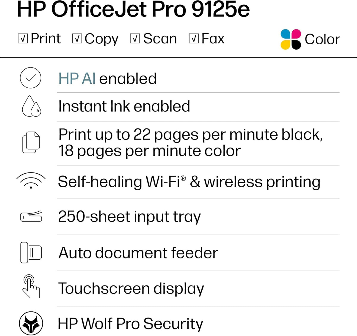 HP OfficeJet Pro 9125e Wireless All-in-One Color Inkjet Printer, Print, scan, copy, fax, ADF, Duplex printing best-for-office, 3 month Instant Ink trial included, AI-enabled (403X0A)
