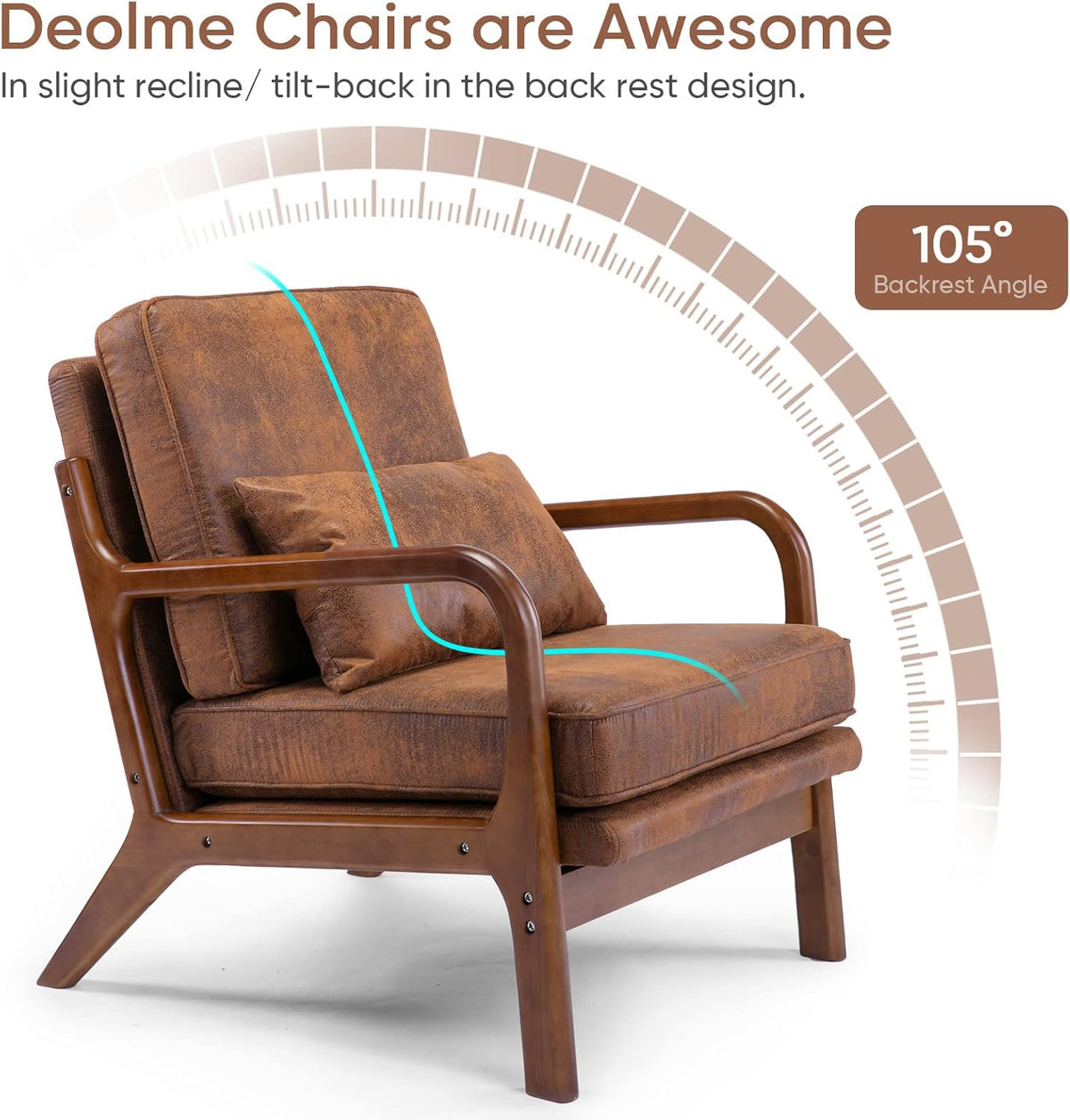 Mid Century Modern Accent Chair Set of 2 Living Room- Comfy Solid Wood Arm Chair with Lumber Pillow Lounge Decorative Brown Leather Office Side Chair Bedroom Reading Nook Sillas De Sala Microfiber